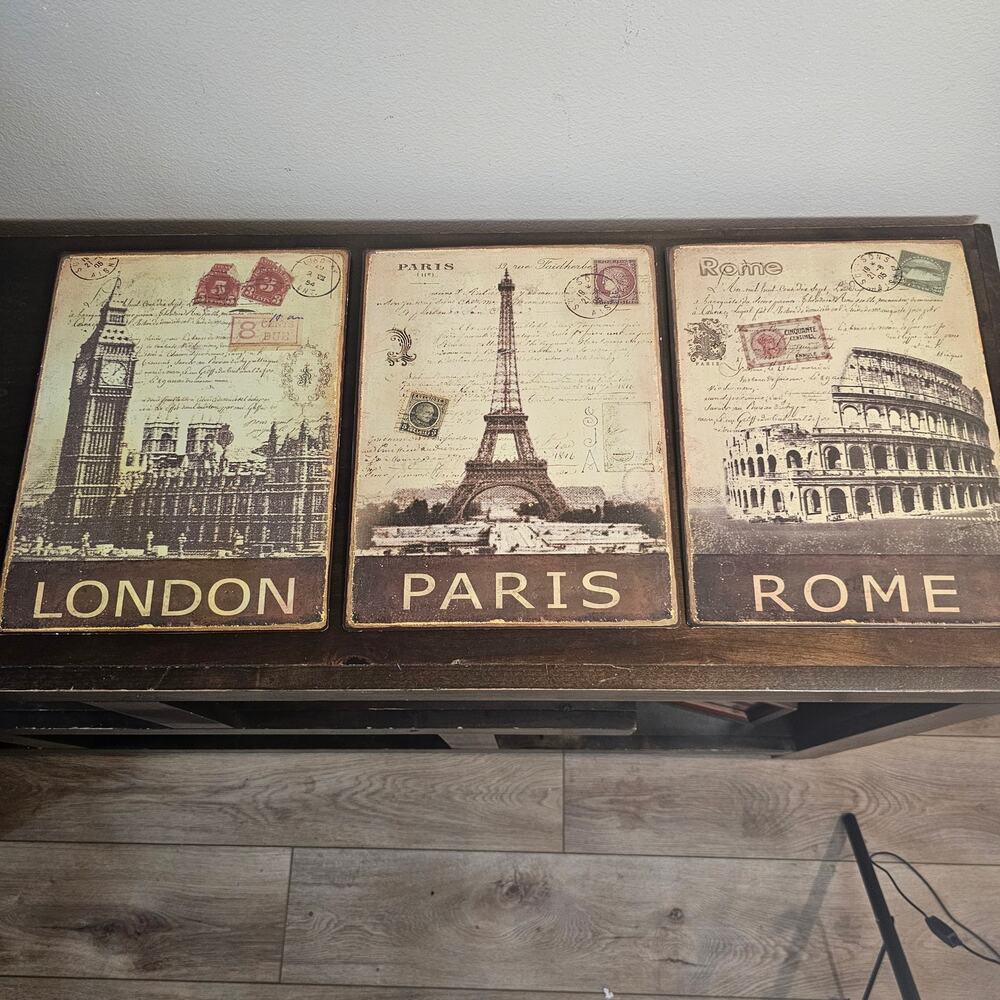 Travel Tin Signs Rome, Paris, and London